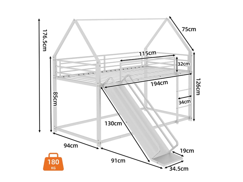  Lit superposé en fer blanc, lit 2 places avec toboggan et barrières hautes, 90x190 cm, sans matelas  - Conforama D