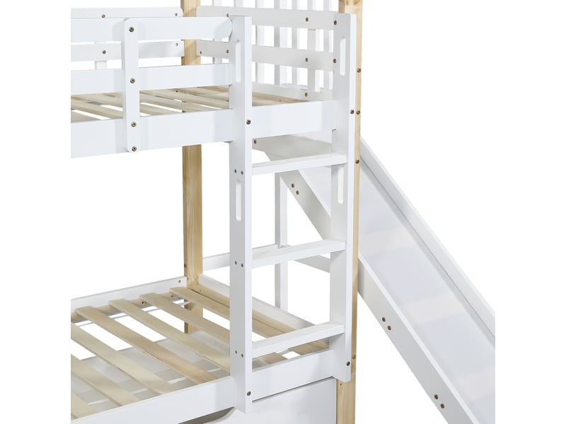 Lit superposé cabane 90x200 cm avec toboggan, 2 tiroirs, lit enfant en pin blanc et naturel, sans matelas  - Conforama E