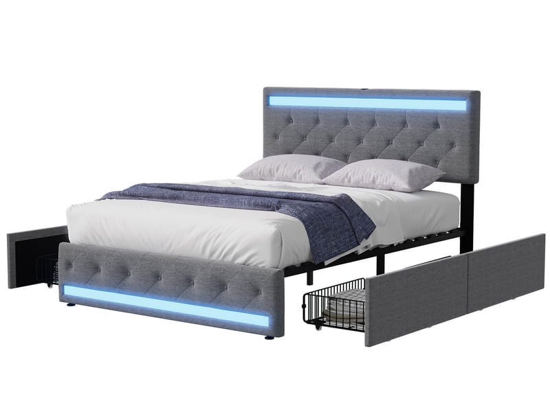 Lit double rembourré 180x200 avec 4 tiroirs, led et usb, lit 2 places avec tête de lit réglable, sommier à lattes, sans matelas, lin gris - Conforama A