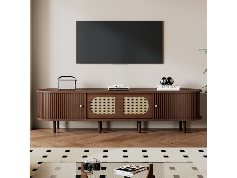  Meuble tv meuble rangement 180 x 40 x 40 cm mdf chene fonce style rotin salon homvra  - Conforama B