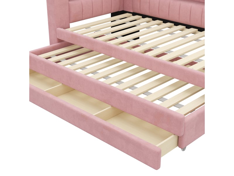  Lit banquette rembourré 90 x 200 cm, lit gigogne, 3 tiroirs, led, ports usb, revêtement lin, rose evarich - Conforama D