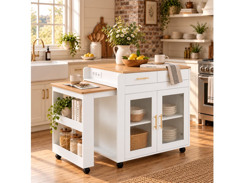 Îlot de cuisine extensible avec 2 portes, 2 tiroirs, roulettes et prises pour 2 à 4 personnes en cuisine, blanc - Conforama B