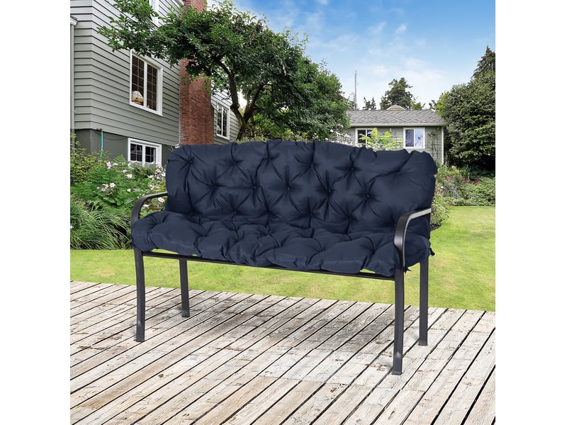  Coussin de banc 3 places 150 x 98 x 8 cm bleu en polyester, avec dossier et 6 liens de fixation  - Conforama B