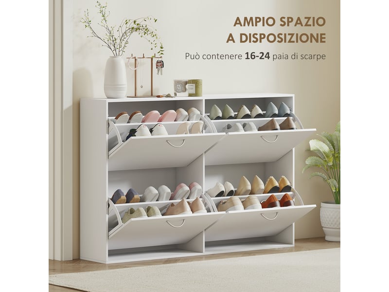  Meuble à chaussures gain de place en bois pour 16 à 24 paires avec 4 tiroirs rabattables dimensions 120x24x81 cm en blanc  - Conforama E
