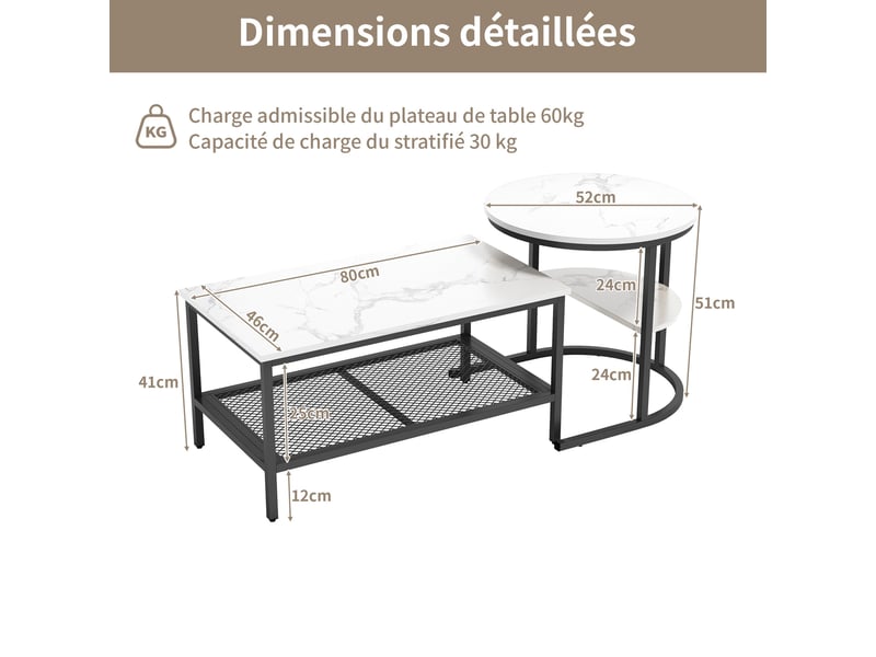  Lot de 2 tables basses gigognes – 80 x 46 x 41 cm – double rangement &amp; pieds métal –  effet marbre - blanc et noir  - Conforama C