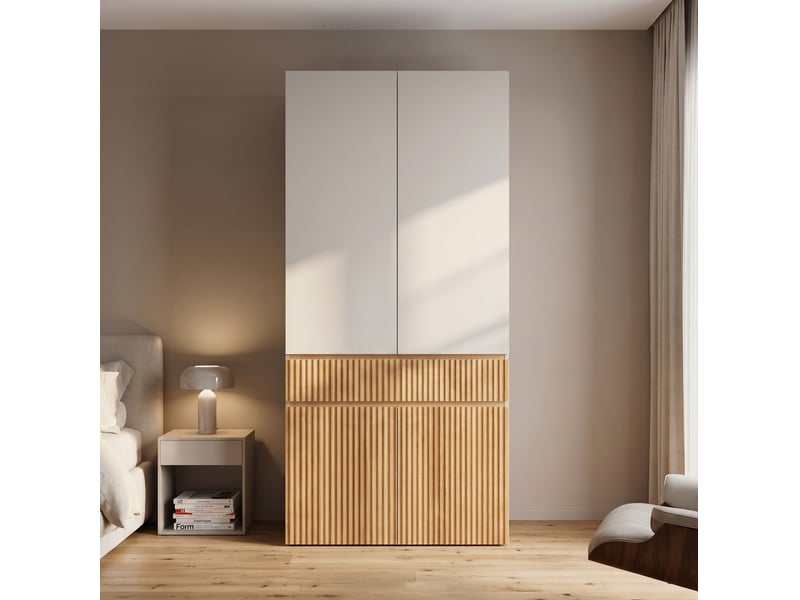  Armoire 4 portes 90x50x202 cm avec penderie et tiroir coloris chêne clair et gris  - Conforama D