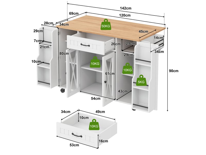 Îlot de cuisine mobile - 120x69x90 cm - sur roulettes - tiroirs - portes de rangement - rangement à vin - plateau rabattable - blanc CozyNest - Conforama D