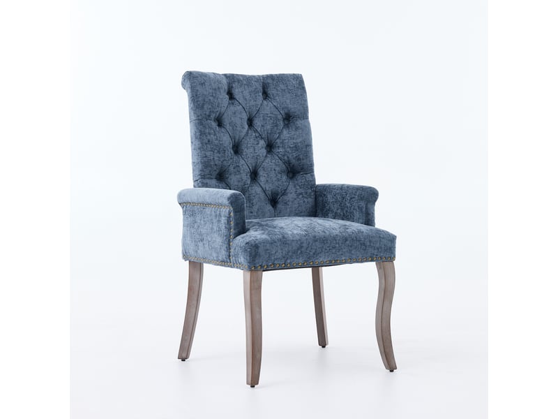  Chaise de salle à manger en chenille bleue avec accoudoirs, dossier haut capitonné, pieds courbés en bois massif, assise rembourrée, style classique  - Conforama C