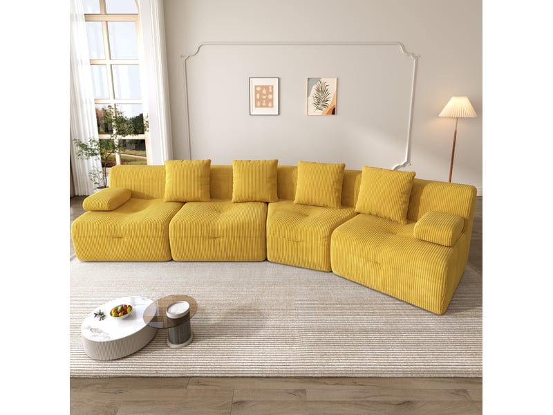 Canapé modulaire 4 places à modules combinables sans montage en velours côtelé jaune, 311 × 90 × 65 cm - Conforama E