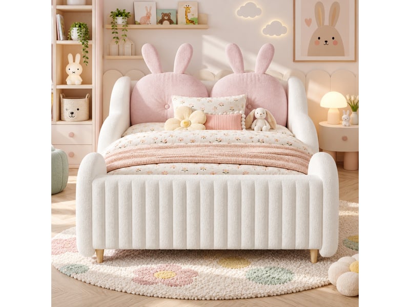  Lit enfant capitonné 140x200 cm blanc en tissu bouclé, tête de lit coussin lapin et barrières nuage, sans matelas  - Conforama D