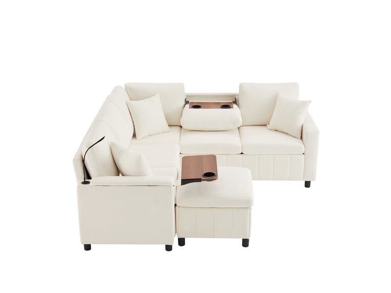  Canapé d'angle, canapé convertible – en chenille, porte-gobelets, port usb, 205×205×85cm, beige, avec pouf  - Conforama B