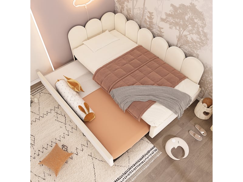 Lit banquette gigogne 200×90 cm et 190×90 cm avec couchage coulissant, revêtement en velours beige, sans matelas  - Conforama B