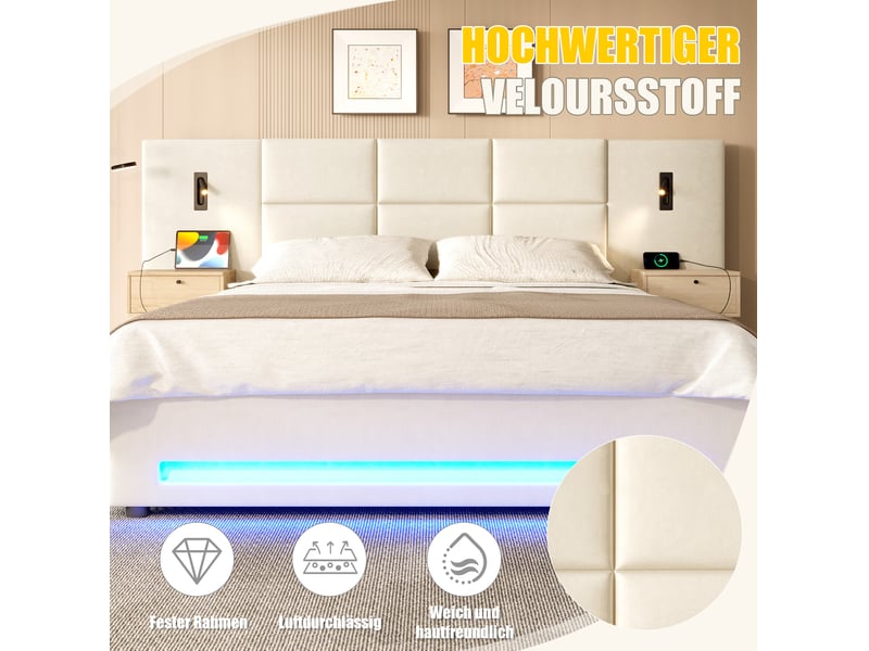  Lit coffre 180x200 cm avec tête de lit, tiroirs, led, ports usb-c, métal, velours beige sans matelas  - Conforama E