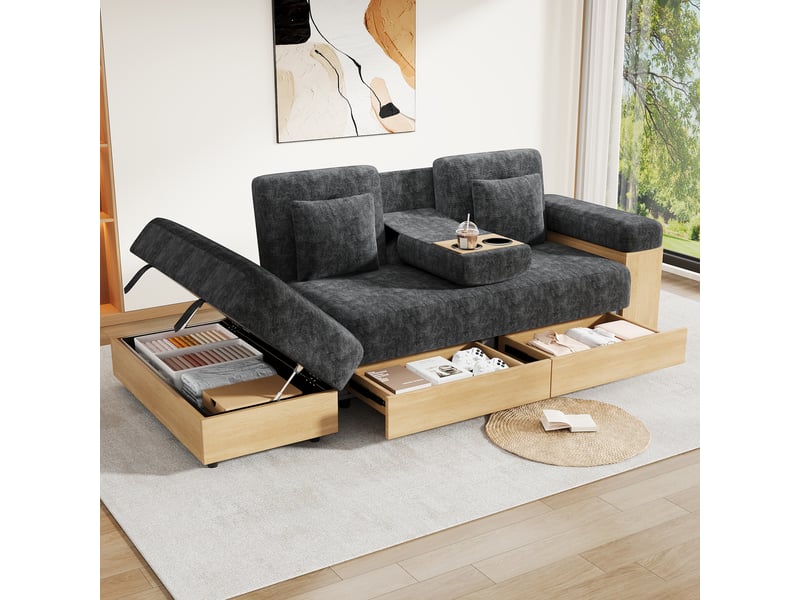  Canapé convertible, canapé-lit, en tissu chenille, gris, porte-gobelets, dossier réglable 3 positions, avec pouf, pour salon, 217 cm  - Conforama A