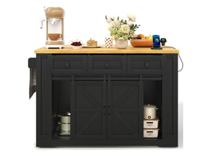 Desserte de cuisine mobile avec plan rabattable, 3 tiroirs, portes coulissantes, prises et étagères 130 × 80 × 87 cm