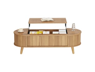 Table basse relevable avec 2 rangements latéraux et espace caché, style naturel, 4 pieds en bois, pour salon, en mdf