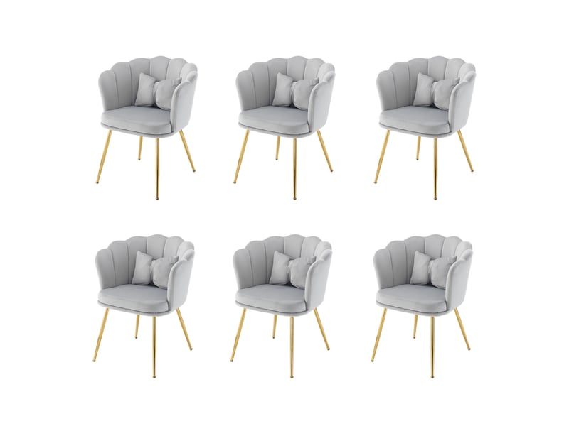 Chaise de salle à manger lot de 6, dossier pétale capitonné, coussins de soutien, pieds métal doré, velours gris - Conforama A