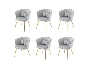 Chaise de salle à manger lot de 6, dossier pétale capitonné, coussins de soutien, pieds métal doré, velours gris