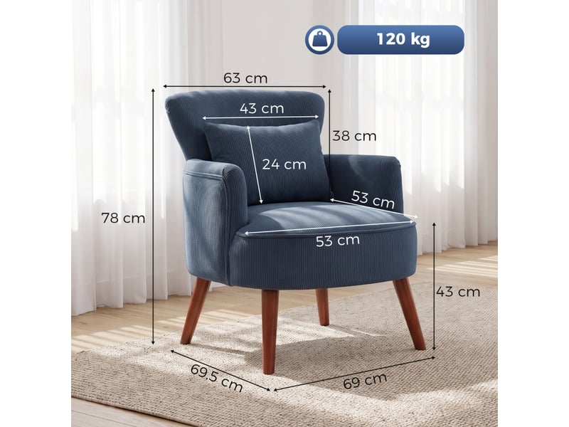  Fauteuil de salon - fauteuil moderne, fauteuil d'appoint rembourré avec coussin lombaire, bleu, 69.5 x 69 x 78 cm  - Conforama D