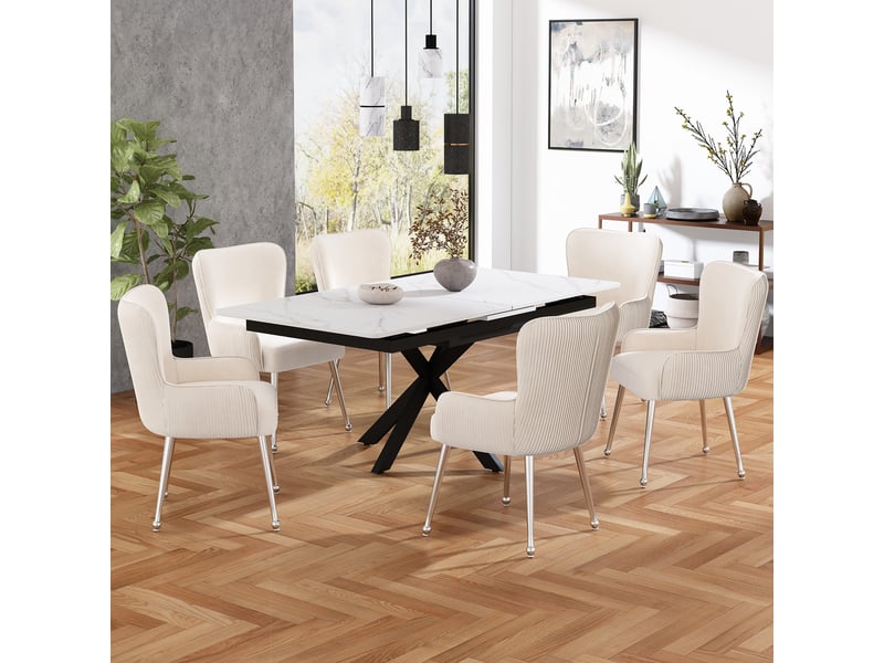  Chaise de salle à manger lot de 6 avec accoudoirs et pieds réglables  - soutien lombaire velours beige  - Conforama B