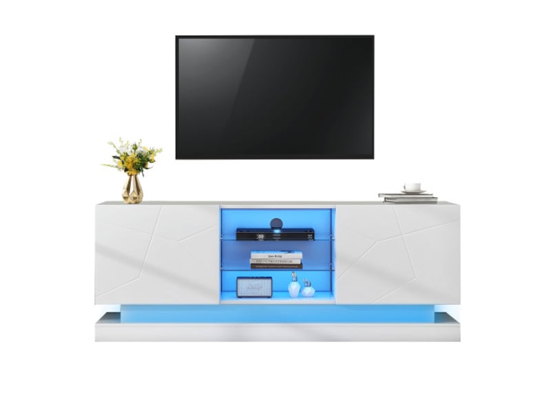  Meuble tv blanc givré 1,6 étagère en verre réglable, 70 pouces d'espace, armoire tv rangement élégant avec charnières silencieuses  - Conforama A