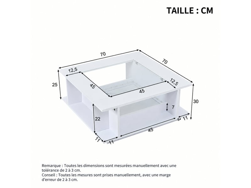  Table basse carrée blanche avec plateau en verre et éclairage led, 70 x 70 x 30 cm  - Conforama E