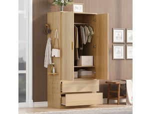 Armoire 70x50x170 cm avec 2 portes, 2 tiroirs et panneau perforé coloris blanc et bois