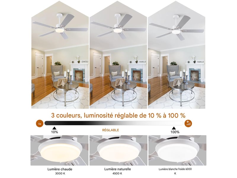  Ventilateur de plafond avec éclairage led télécommande 5 pales 132x132x37 cm  - Conforama D