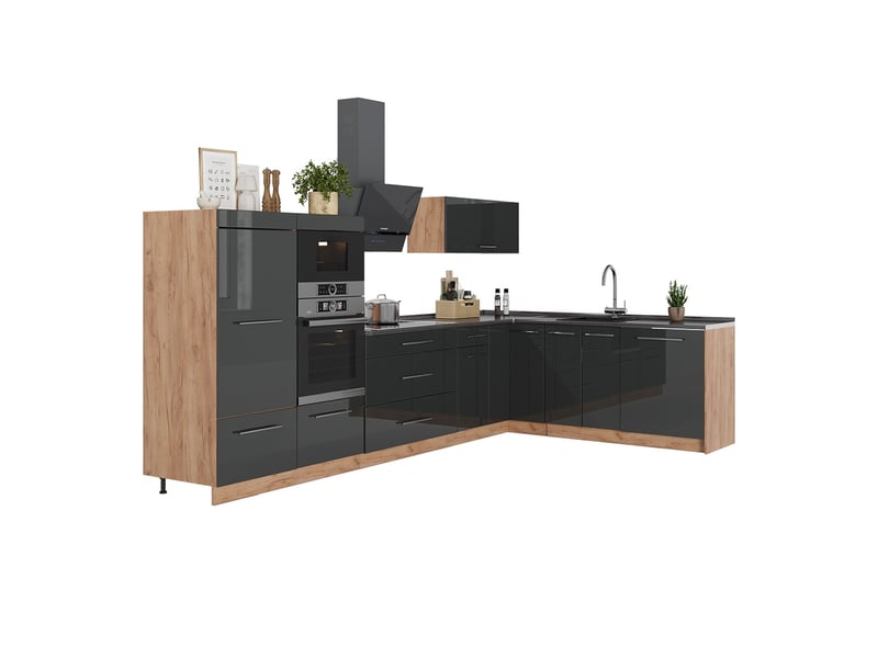  Vicco cuisine en angle, gris foncéchêne de force doré, 347x60cm, pt anthracite  - Conforama E