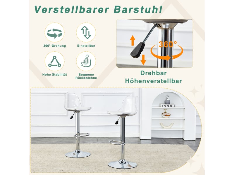  Tabouret de bar pivotant réglable avec dossier ergonomique et repose-pieds, en métal et plastique, blanc et argent  - Conforama E