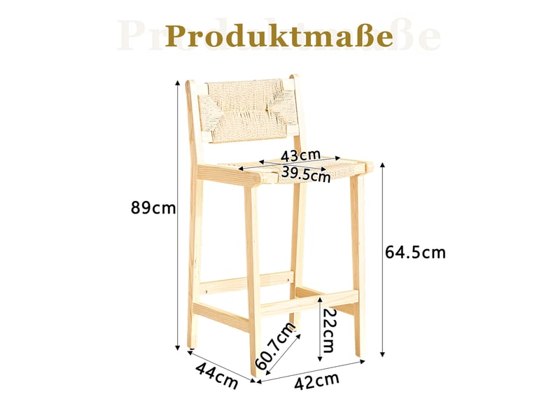  Lot de 2 tabourets de bar,44x42x89 cm,style campagne,bois clair tressé  - Conforama C