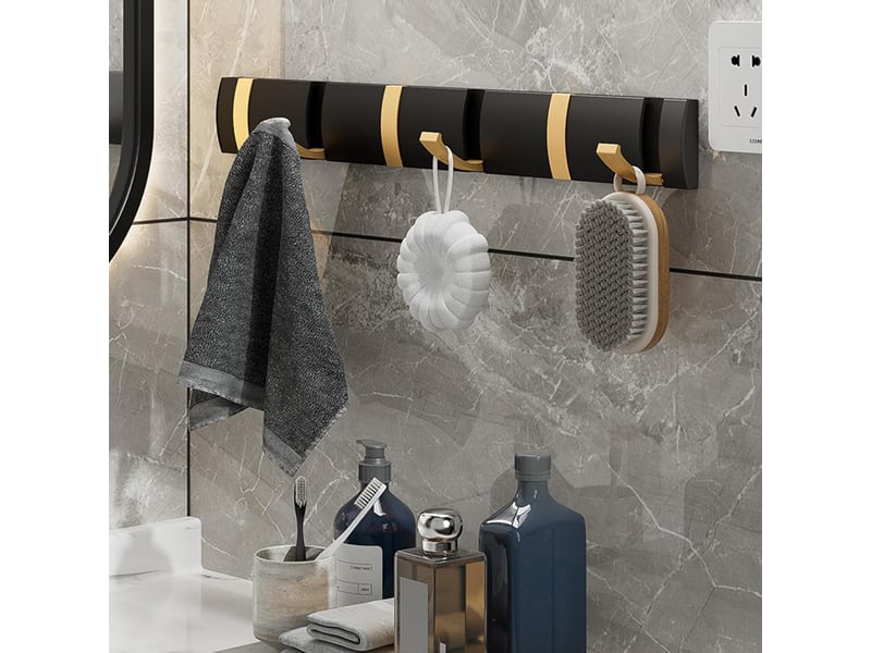  Porte-manteau mural pliable à 6 crochets, patère noire et dorée moderne, design gain de place pour vêtements, salle de bain et entrée de maison  - Conforama D