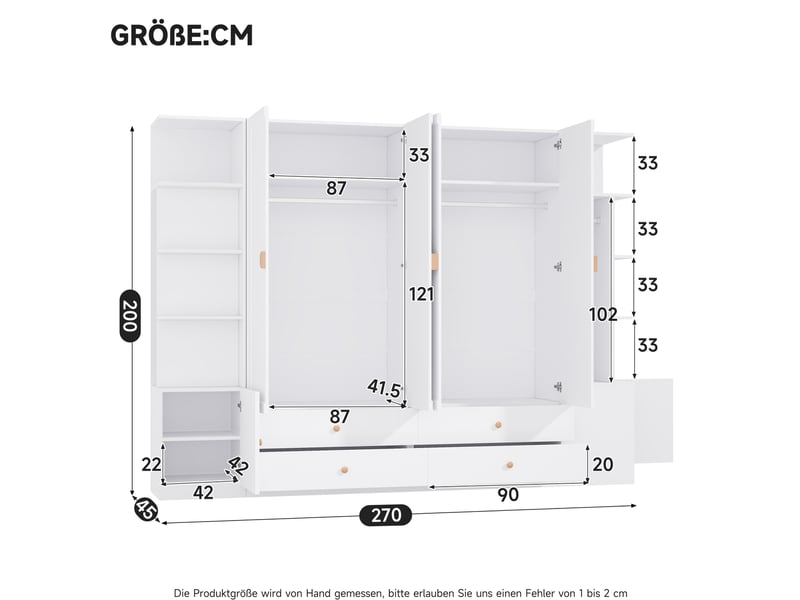  Armoire 6 portes 270x45x200 cm avec 4 tiroirs et 4 penderies blanc  - Conforama C