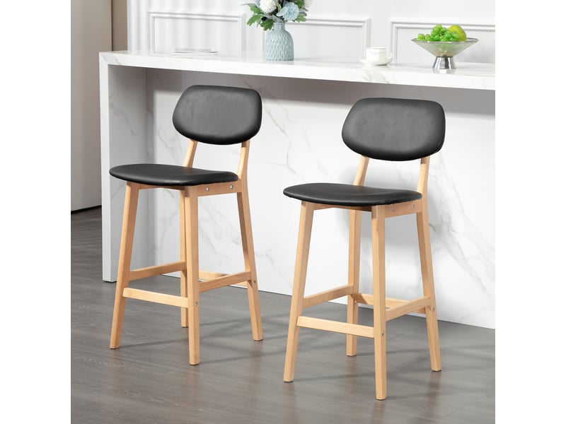  Lot de 2 tabourets de bar, chaises hautes, revêtement synthétique avec dossier et pieds en bois, noir  - Conforama D