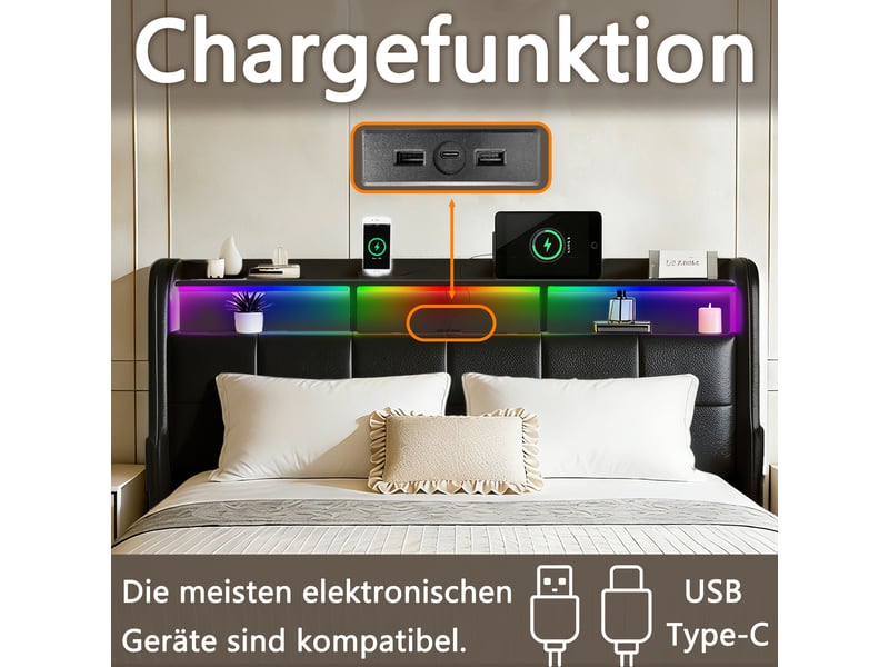  Lit coffre 160x200 cm noir avec rangement, led, ports usb+type-c sans matelas EBD854Q-BK - Conforama W