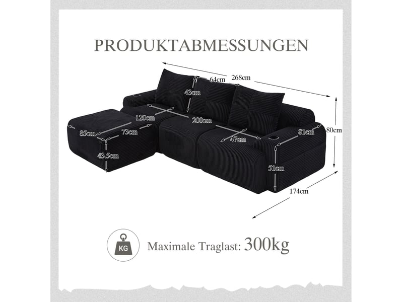 Canapé modulaire 3 places 268x174x80 cm, porte-gobelet, poche latérale, assise large, pouf inclus, velours côtelé noir - Conforama C