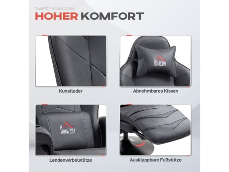 Fauteuil gamer noir, fonction massage, dossier inclinable, repose-pieds, cadre acier, similicuir, 120 kg - Conforama E