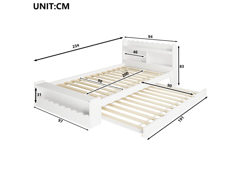  Lit simple 90x200 cm avec lit gigogne 90x190 cm, rangements et led, blanc  - Conforama C