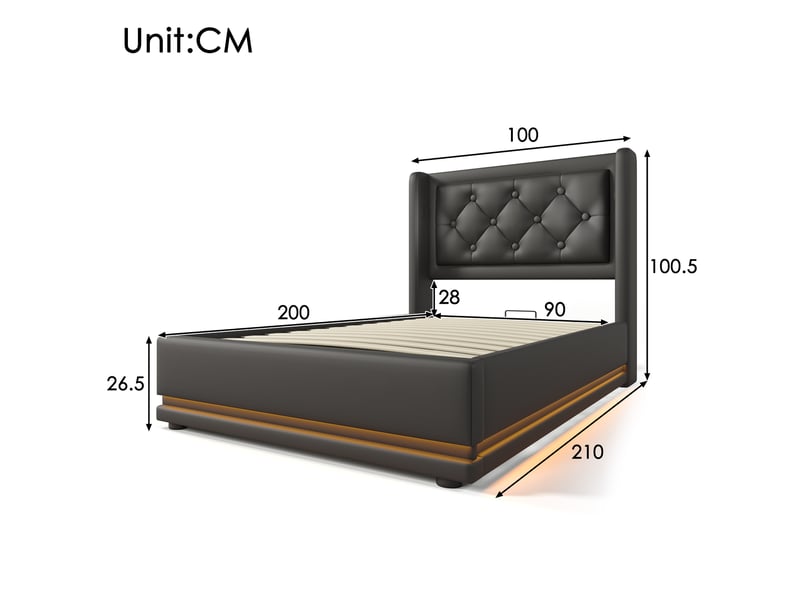  Lit 1 personne 90x200 cm avec matelas, tête de lit rembourrée avec recharge usb, lit simple led, noir  - Conforama B
