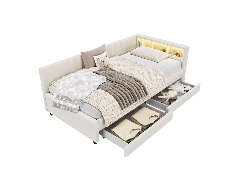  Daybett, tagesbett, schlafsofa, 90*200cm, avec rangement au lit, 2 tiroirs, usb+type c, sans matelas, lin, beige  - Conforama A