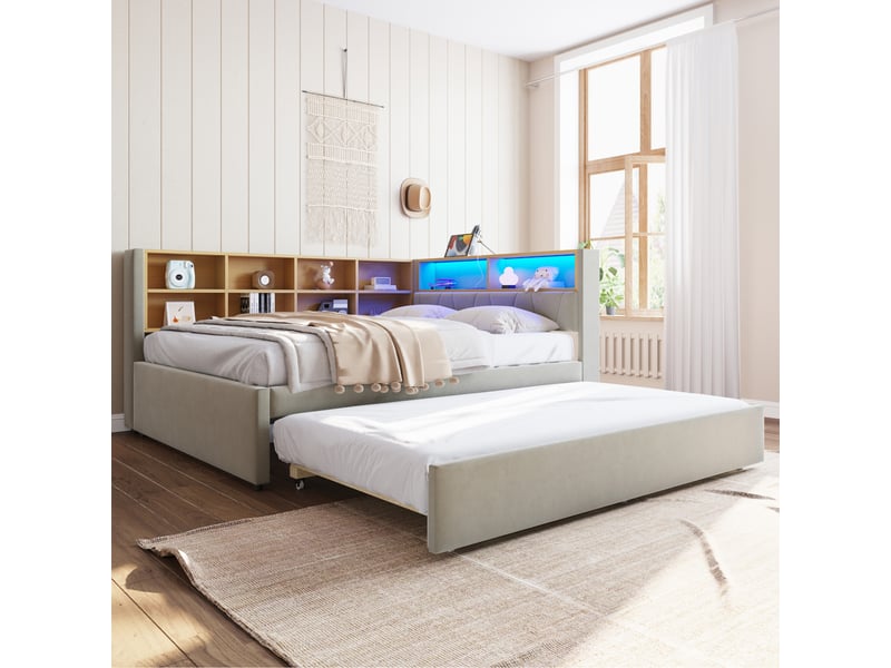  Lit banquette rembourré 140x200 cm avec lit gigogne 90x190 cm, rangements, led, usb, usb-c et prise électrique, sommier à lattes, flanelle gris clair Radiant Stride - Conforama D