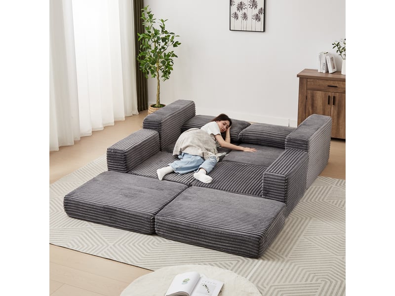  Canapé d’angle modulable en velours côtelé – accoudoirs carrés et 2 coussins inclus, 74×194×169.5 cm, gris  - Conforama D
