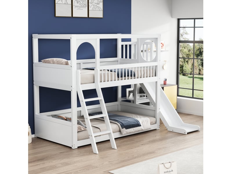 Lit superposé enfant 90x200 cm blanc avec rangements et toboggan sans matelas ORFRN634W0023W-1 - Conforama D