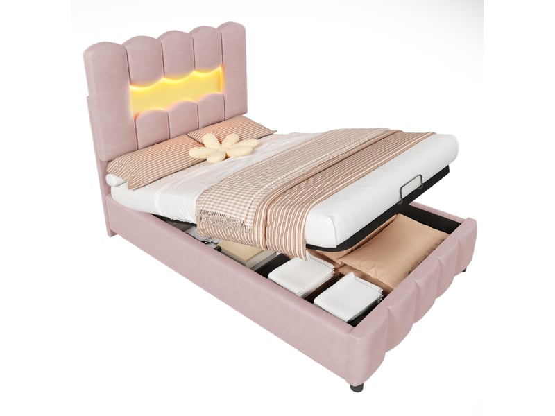  Lit coffre enfant 90x200 cm, éclairage led multicolore, rangement hydraulique, tête de lit réglable, finition velours rose, sans matelas  - Conforama A