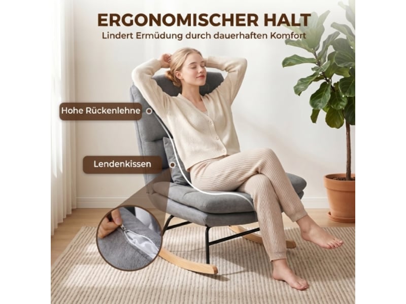  Fauteuil à bascule gris clair aspect lin, dossier haut, assise large, coussin lombaire, double rembourrage  - Conforama B