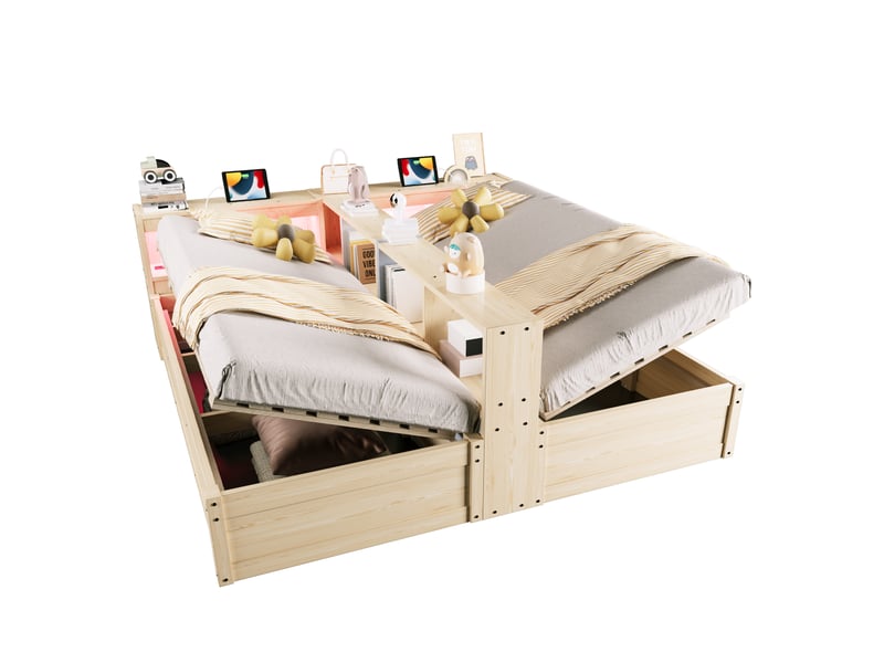  Lit banquette extensible 90180x200cm multifonction en bois avec prise européenne, rangements multiples, éclairage led et coffre hydraulique, naturel  - Conforama A