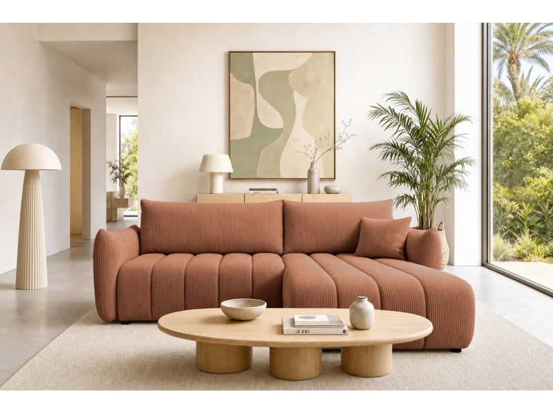  Moorea - canapé d'angle convertible petit velours côtelé 4 places terracotta  - Conforama D