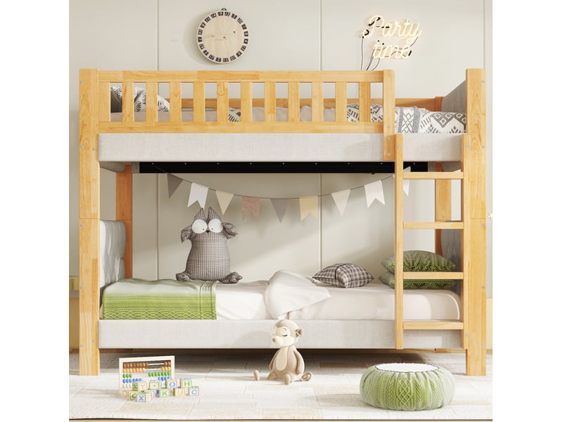  Lit superposé enfant 90x200 cm avec échelle droite, bois d’hévéa et mdf, gris et naturel  - Conforama C