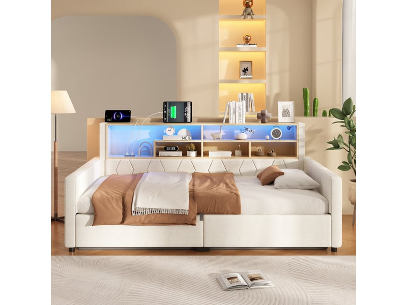  Canapé-lit coffre 90 x 200 cm - avec prise électrique - avec port usb - avec bande lumineuse led - beige (matelas non inclus)  - Conforama B