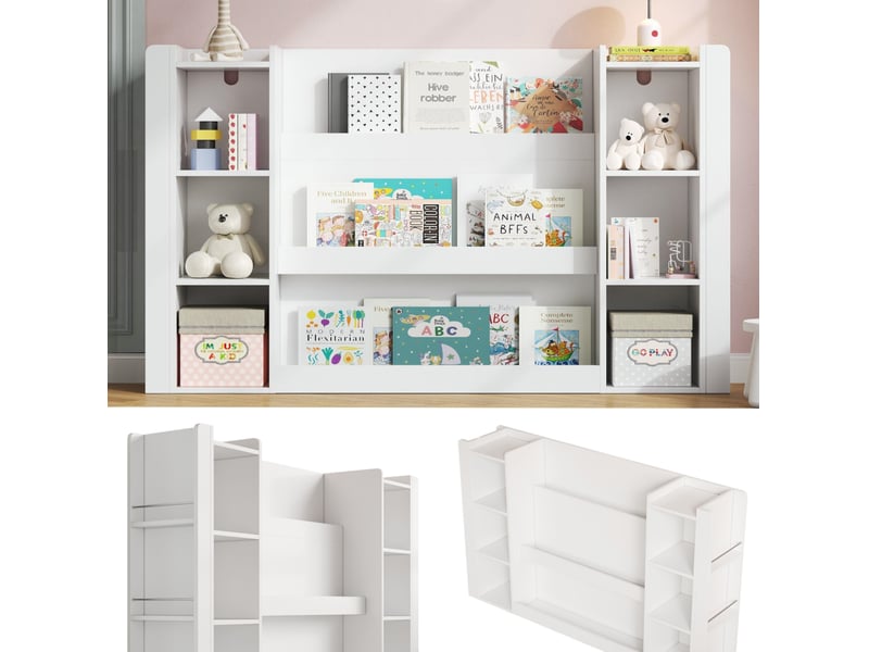  Bibliothèque enfant 140 x 30 x 95 cm blanche en mdf, rangement ouvert pour livres et jouets dans la chambre  - Conforama E